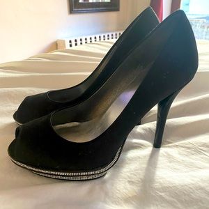 Y2K embellished peep toe black Stuart Weitzman pumps